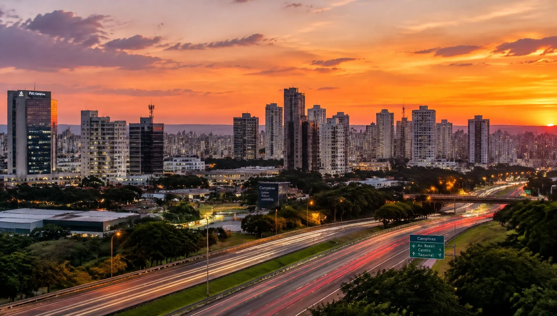 Vista da cidade de Campinas ao entardecer